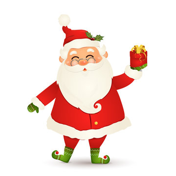 Cute Santa Claus giving christmas present. Happy Santa Claus holding red gift box isolated on white background. Santa clause for winter and new year holidays. Happy Santa Claus cartoon character.
