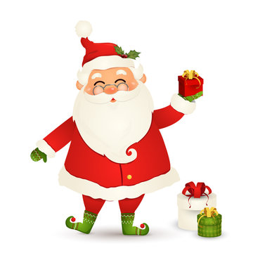 Cute Santa Claus giving christmas present. Funny Santa Claus holding red gift box isolated on white background. Santa clause for winter and new year holidays. Happy Santa Claus cartoon character.