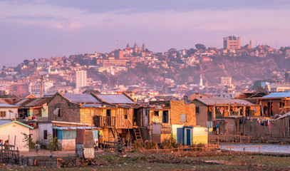 Antananarivo city view, capital of Madagascar. Tanarivo is a city of 3 million Madagascarians, who often farm rice and other crops. Villagers living nearby Antananarivo.