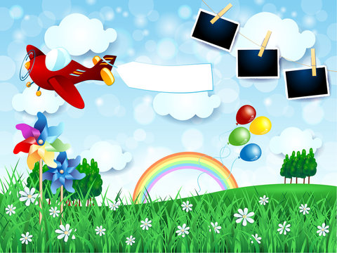 Spring landscape with airplane, banner and photo frames