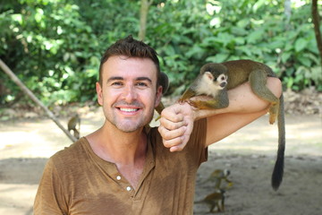 Having fun with a group of monkeys