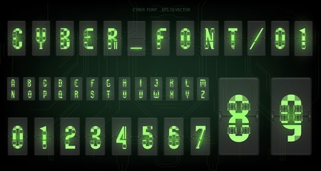 Futuristic vector Font design. Letters and Numbers for web and app. Techno font alphabet. Digital hi-tech symbols for HUD interface and cyberspace. Set of numbers and symbols for lamp o'clock