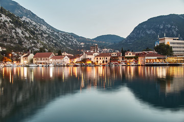 Fototapeta na wymiar Bay of Kotor. The Town Of Kotor. The reflection in the water. Long exposure. Montenegro. 