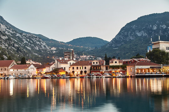 Bay of Kotor. The Town Of Kotor. The reflection in the water. Long exposure. Montenegro. 