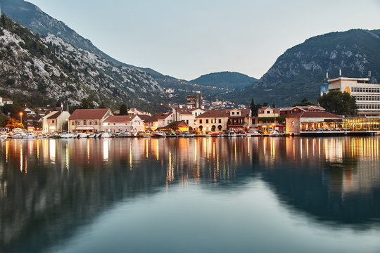 Bay of Kotor. The Town Of Kotor. The reflection in the water. Long exposure. Montenegro. 
