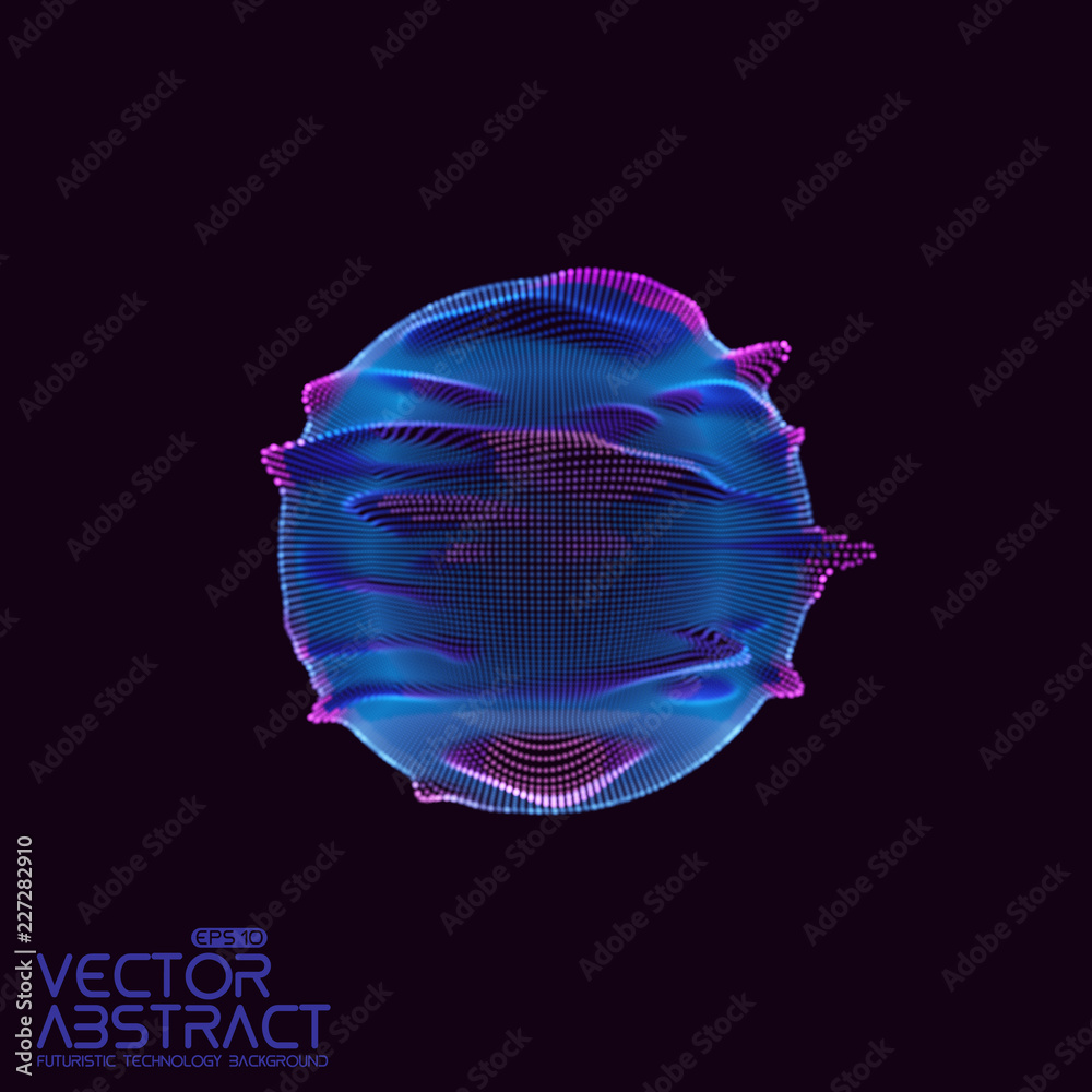 Poster Vector abstract sphere of particles, points array. Futuristic vector illustration. Technology digital splash or explosion of data points. Spherical waveform. Cyber UI or HUD element.