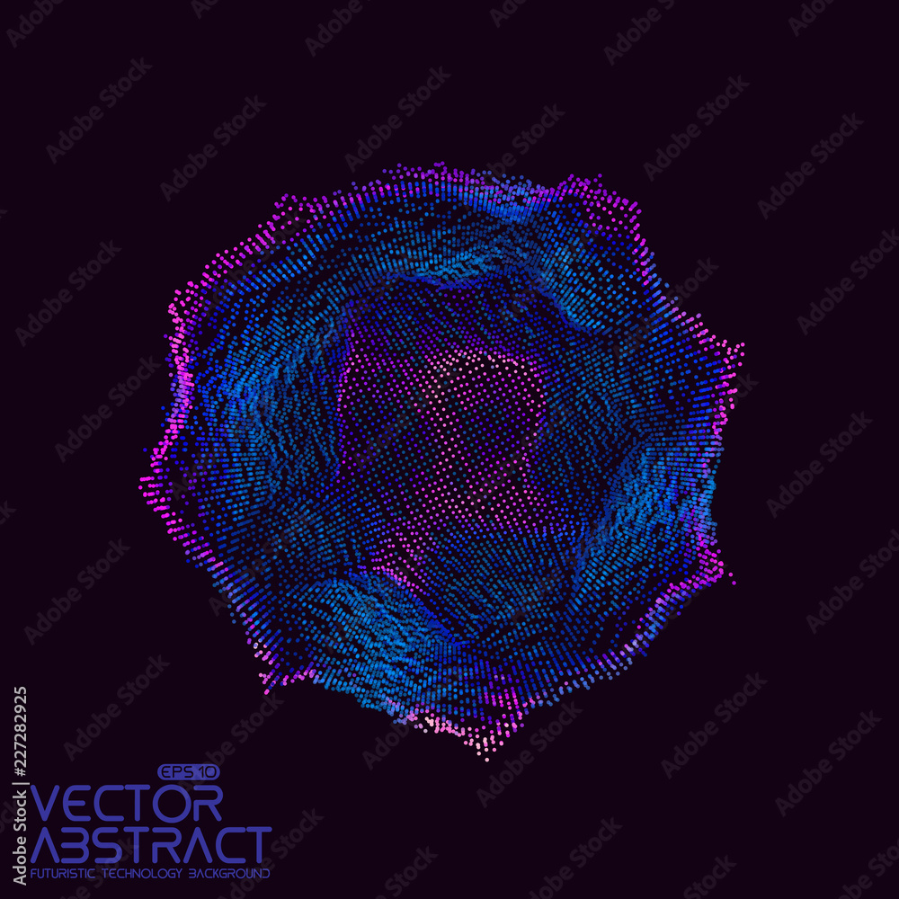Poster Vector abstract sphere of particles, points array. Futuristic vector illustration. Technology digital splash or explosion of data points. Spherical waveform. Cyber UI or HUD element.