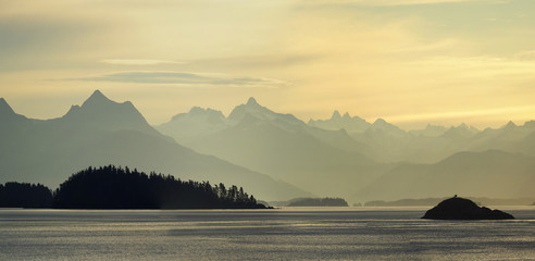 Panorama of Alaskan Mountains at Sunset from the Ocean