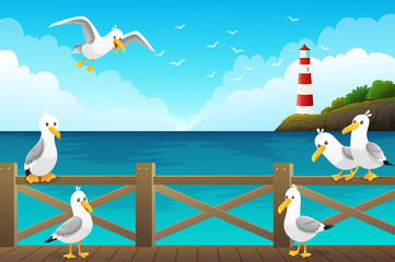 Seascape with seagulls on the wooden pier. Red and white lighthouse on rocks and ocean background. Vector illustration