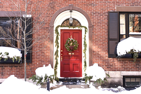 USA, Boston - January 2018 - House With Christmas Wreath On Front Door In Beacon Hill Area