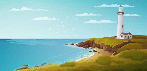 Peaceful seaside landscape with white lighthouse and house. Blue sky with birds and clouds. Vector illustration.