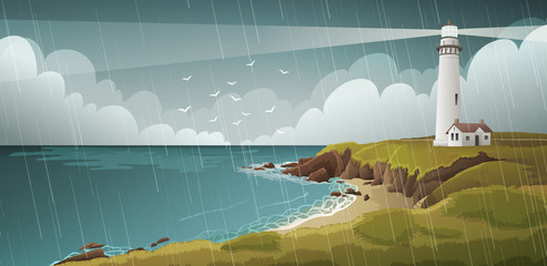 Seaside landscape with white lighthouse under stormy sky and rain.Vector illustration.