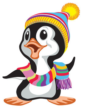 cartoon penguin wearing a colorful knitted scarf and a hat . Vector illustration for baby and little kid