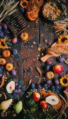 Autumn still life, Harvest, persimmon, plums, nuts, wheat, homemade bread on dark wooden background, Rustic life