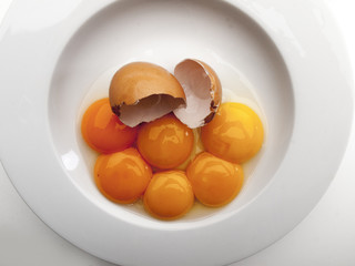 Varios huevos rotos dentro de un plato redondo blanco  vista cenital