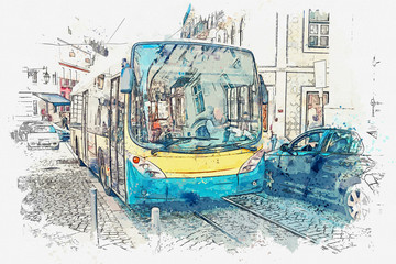 Fototapeta na wymiar A watercolor sketch or illustration. Lisbon. The bus goes around the city. Local residents and tourists move around the city by public transport.