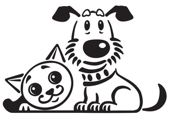 cartoon puppy dog and cat . Logo, icon , emblem . Black and white outline vector