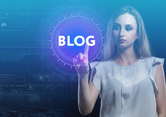 The concept of business, technology, the Internet and the network. A young entrepreneur working on a virtual screen of the future and sees the inscription: blog