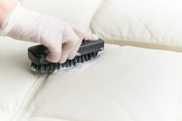 A woman cleans the leather sofa with a brush and detergent.
