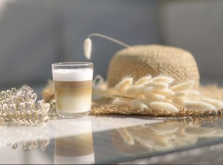 coffee condensed milk hat lie on the table on the street