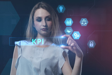 The concept of business, technology, the Internet and the network. A young entrepreneur working on a virtual screen of the future and sees the inscription: KPI