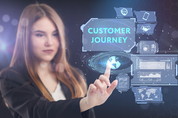 The concept of business, technology, the Internet and the network. A young entrepreneur working on a virtual screen of the future and sees the inscription: Customer journey