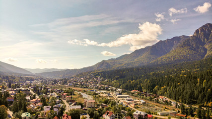 Aerial view of of Cantacuzino castle in Busteni ski resort, Prahova valley. Bucegi mountain, part of Carpathian mountains. Brasov region in Transilvania, Romania. 