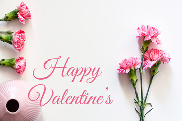Valentine's card with pink carnations and vase on a white background