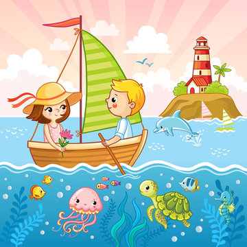 Boy and a girl are sailing on a sailboat by the sea. Vector illustration with children and sea animals.