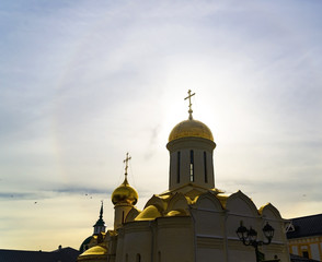 View of church buildings, crosses, domes