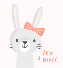 Girl bunny character with a pink bow. Cute vector rabbit character. Funny smiling animal face. Illustration for baby shower invitation, greeting card, birthday party, nursery art poster. It's a girl.