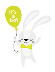 It's a boy. Cute bunny holding a green balloon. Baby shower invitation card. Nursery wall art.