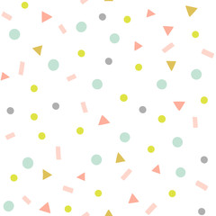 Abstract confetti vector pattern. Party seamless background with geometric shapes, triangles, dots, sprinkles. Pastel colors.
