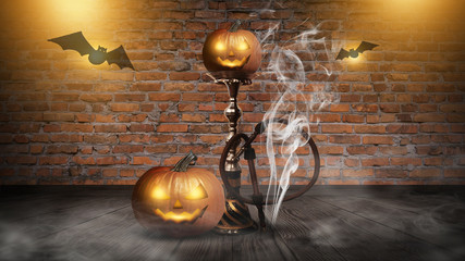 Hookah with smoke on the background of a brick wall with a pumpkin. Abstract Halloween background...