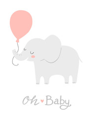 Elephant with a pink balloon. Oh Baby lettering. Cute baby shower invitation card design or nursery poster art. Baby girl. It's a girl. 