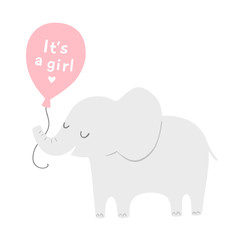 Cute elephant with a pink balloon for baby shower invitations or posters. It's a girl. Vector illustration.