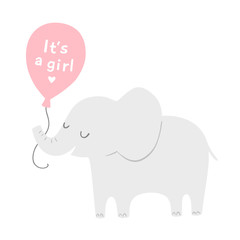Naklejka premium Cute elephant with a pink balloon for baby shower invitations or posters. It's a girl. Vector illustration.