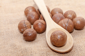 close up of organic macadamia nut on spoon