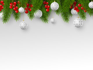 Fototapeta na wymiar Christmas holiday design. Realistic 3d balls, fir-tree branches and berries. Place for text. New Year template. Vector illustration.