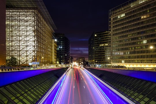 Traffic, light tracks in the Rue de la Loi, left Council of Europe, right European Commission quarter, Brussels, Belgium, Europe