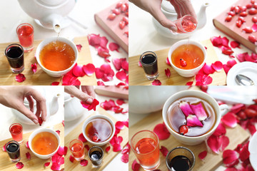 Herbata z płatkami róży. Etapy przygotowywania herbaty  - obrazy, fototapety, plakaty