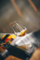 White wine glass - Front view in wine market - close up tasting 