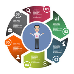 6 step vector element in six colors with labels, infographic diagram. Business concept of 6 steps or options with businessman