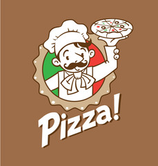 Emblem of funny italian chef with pizza and logo