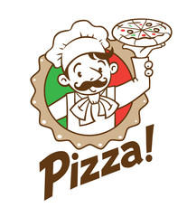 Emblem of funny cook or baker with pizza and logo
