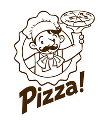 Emblem of funny cook or baker with pizza and logo