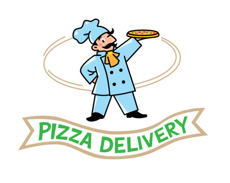 Emblem of funny cook or baker with pizza and logo