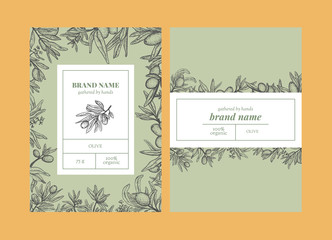 Vector set of package design with outline olive hand drawn elements. Editable packaging template collection with olive leaves and branches.