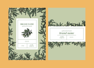 Vector set of package design with olive hand drawn elements. Editable packaging template collection with olive leaves and branches.