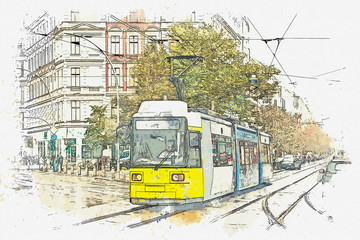 Sketch with watercolor or illustration of a traditional tram moving down the street in Berlin in Germany.